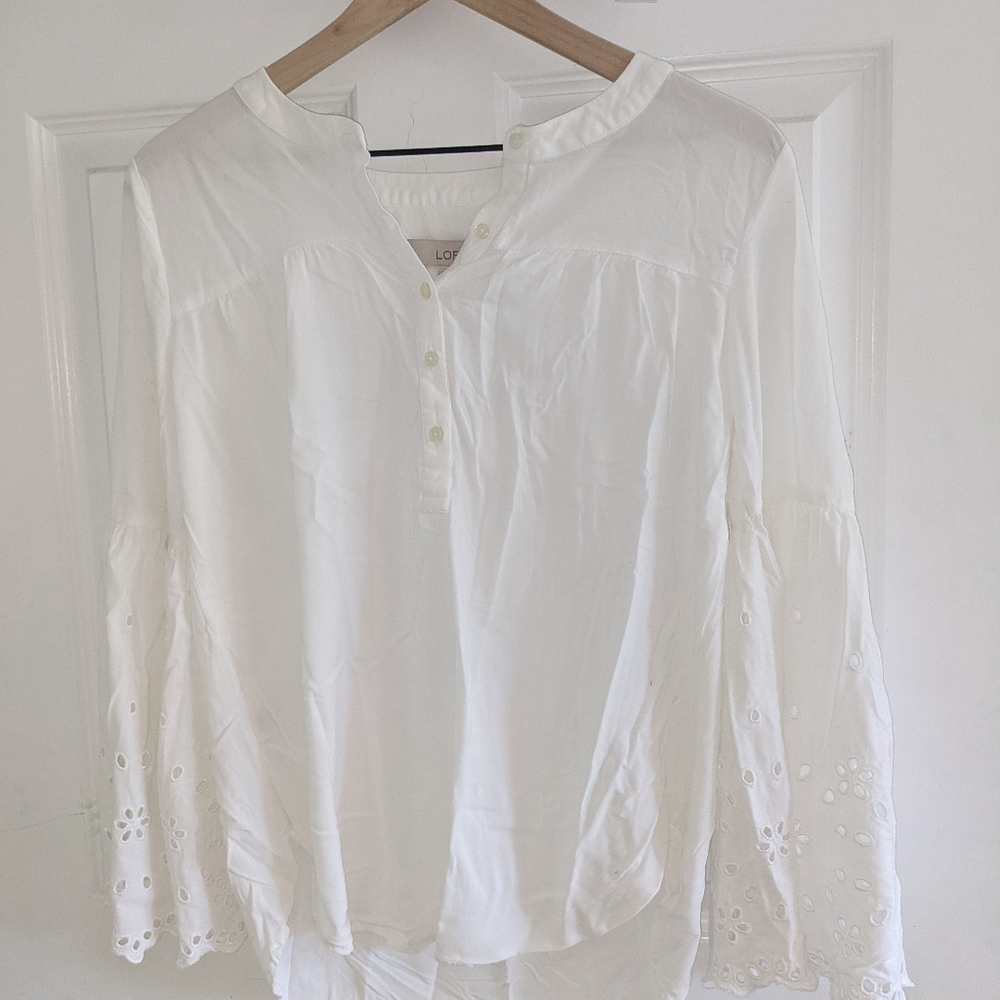 Ann Taylor Loft white blouse with eyelet balloon sleeves size S